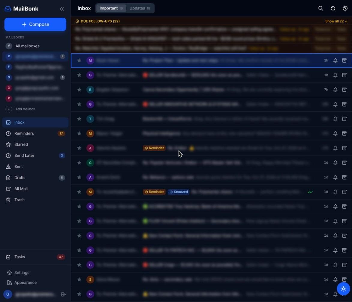 Mailbonk inbox with due follow-ups and reminders